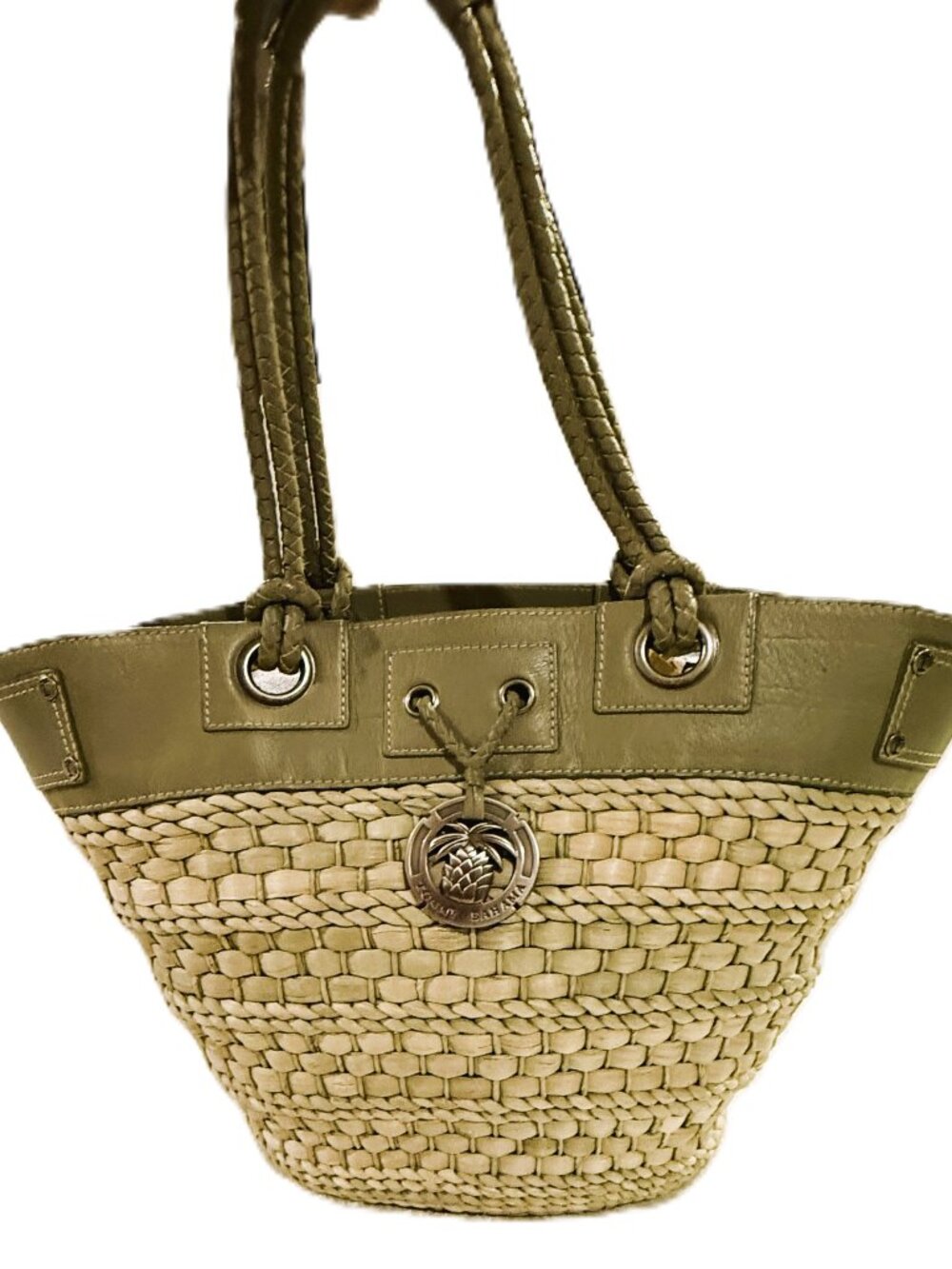 TOMMY BAHAMA STRAW BUCKET SHOULDER BAG  W LINED INNER POUCH LEATHER TRIM